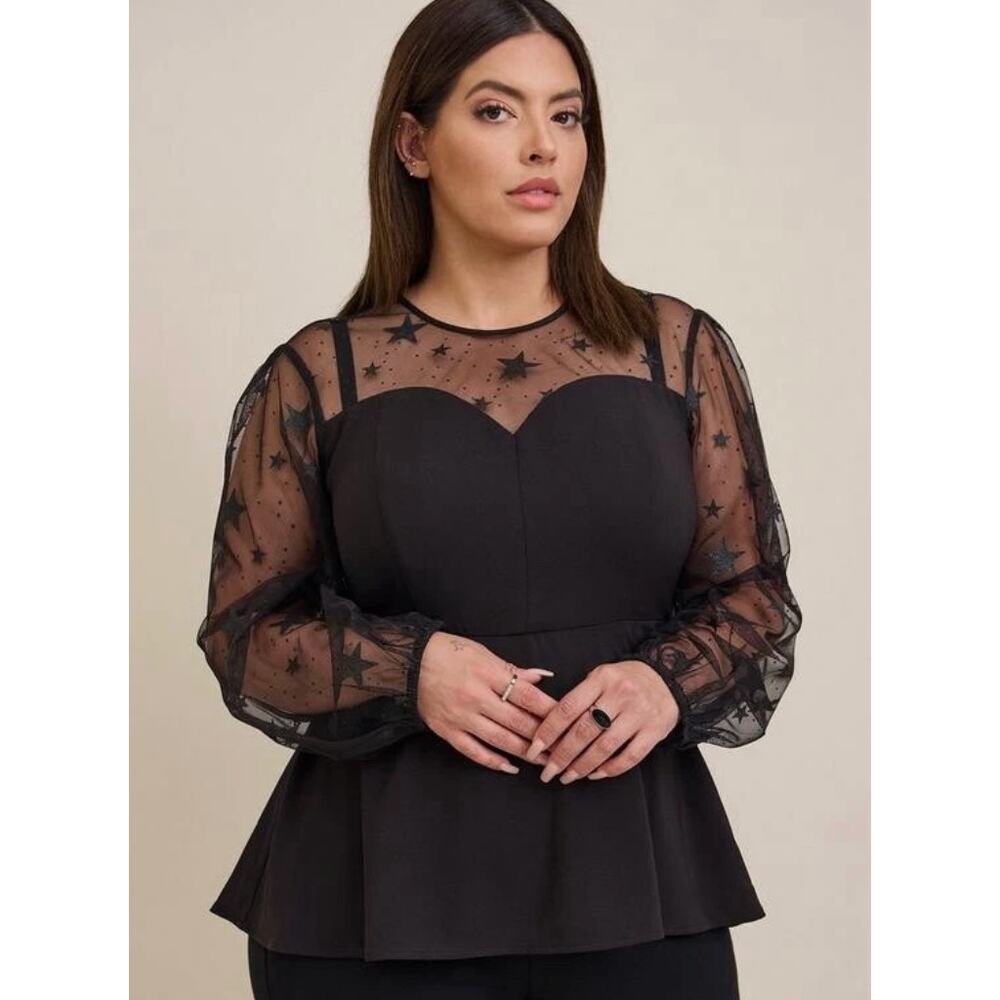 Torrid Whimsigoth Black Mesh Glitter Star Peplum Top 3X Long Sleeve - Picture 14 of 14